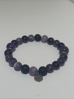 Amethyst Beaded Stretch Bracelet with Lava Stone Charm